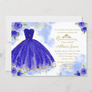 Convite de Quinceanera Bilingue Vestido Azul Real