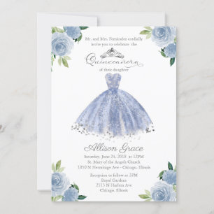 Convite de Quinceanera Bilíngue Vestido Azul Rosad