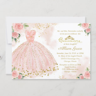 Convite de Quinceanera Bilingue Vestido Rosa Bege