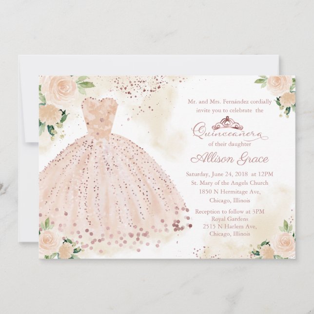 Convite de Quinceanera Bilingue Vestido Rosa Bege (Frente)