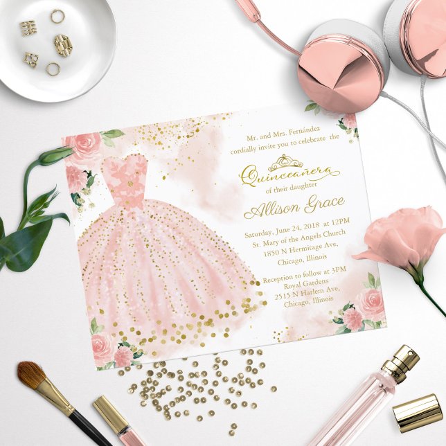 Convite de Quinceanera Bilingue Vestido Rosa Econô (Criador carregado)