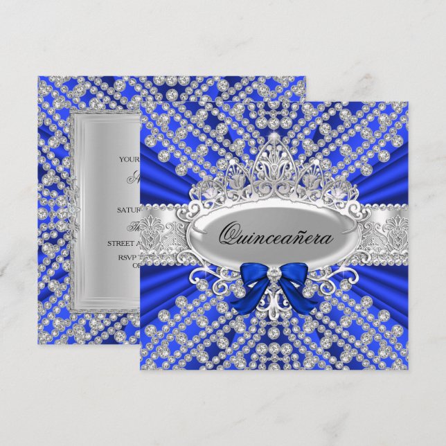 Convite de Quinceañera Blue Diamond & Tiara (Frente/Verso)