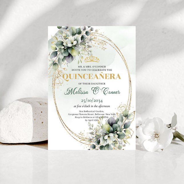Convite de Quinceañera Boêmio Verde e Dourado (Green And Gold Bohemian Quinceañera Invitation)