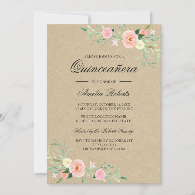 Convite de Quinceanera Boho Floral Rústico (Frente)