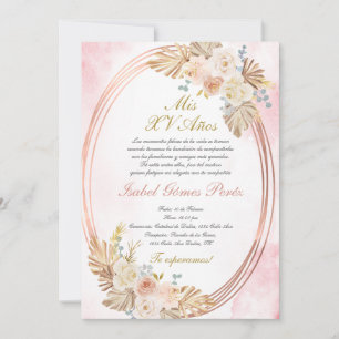 Convite de Quinceanera boho rosa em espanhol