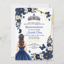 Convite de Quinceañera Borboleta Dourada Azul Real