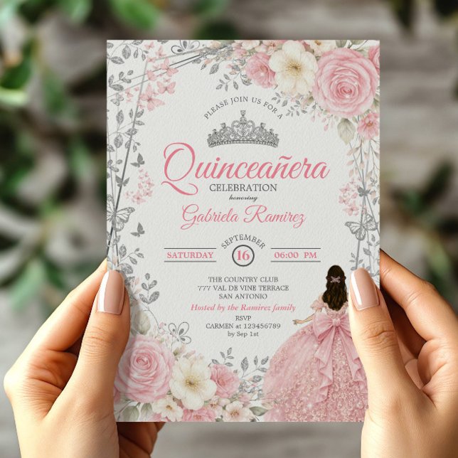 Convite de Quinceañera Borboleta Prata Rosa Corada (Criador carregado)