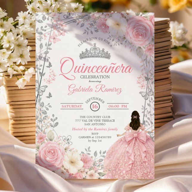 Convite de Quinceañera Borboleta Prata Rosa Corado (Criador carregado)