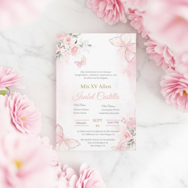 Convite de Quinceanera borboleta rosa cor de blush (Criador carregado)