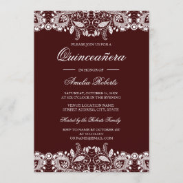 Convite de Quinceanera Borgonha com Renda Branca V