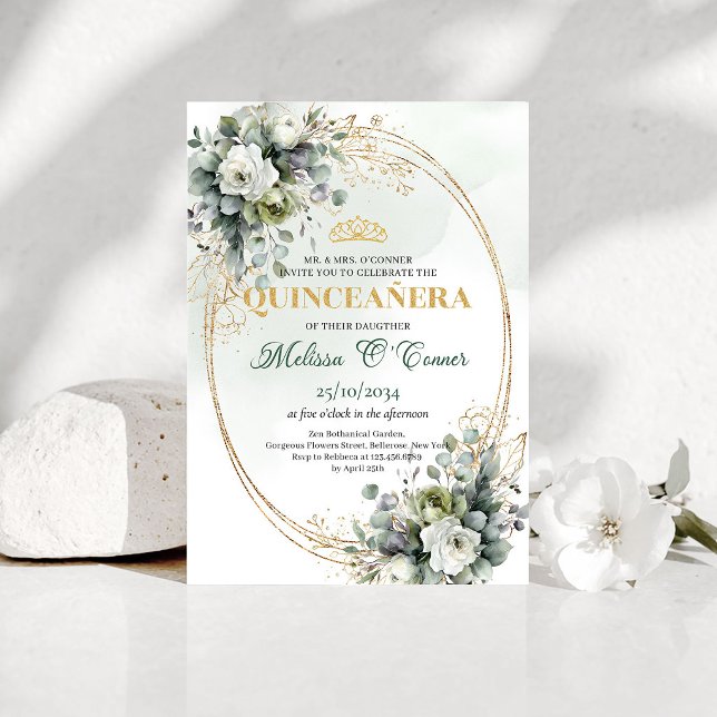 Convite de Quinceañera Botânico em Verde Empoeirad (Dusty Green Botanical Quinceañera Invite)