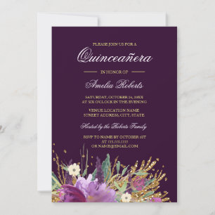 Convite de Quinceanera Brilhante com Glitter Flora