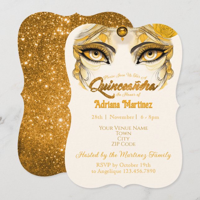 Convite de Quinceañera Brilho Dourado (Frente/Verso)