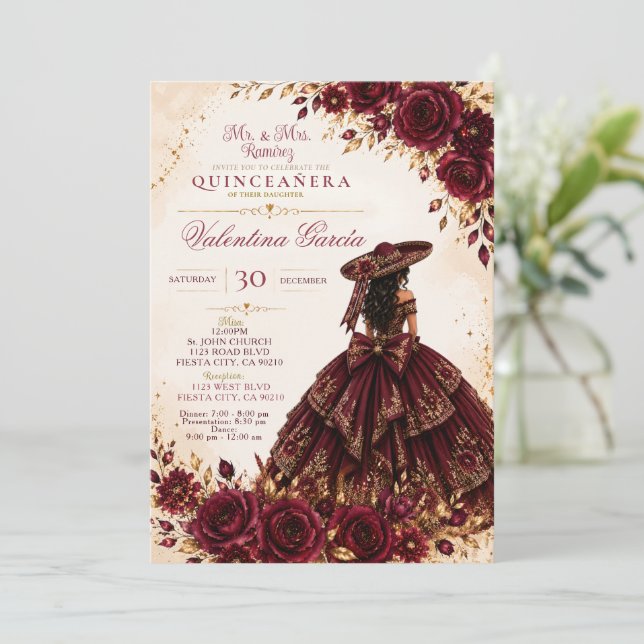 Convite de Quinceañera Charra Borgonha (Em pé/Frente)