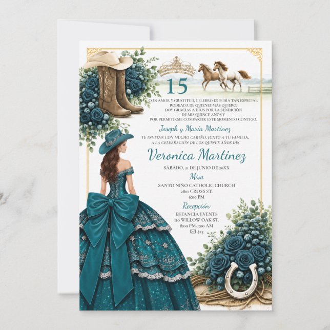 Convite de Quinceañera Charra Verde com botas west (Frente)