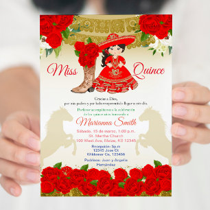Convite de Quinceañera Charro Vermelho Dourado
