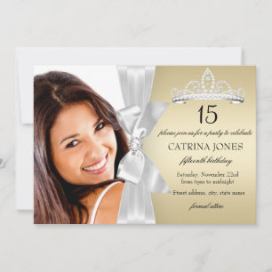 Convite de Quinceanera com Arco e Tiara de Ouro, P