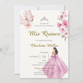 Convite de Quinceanera com Borboletas Rosa Floral