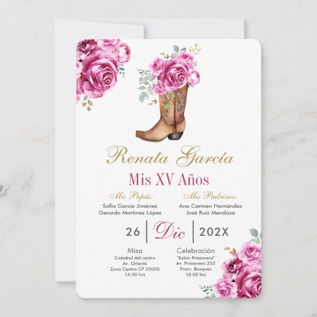 Convite de Quinceañera com bota rosa Pink (Frente)