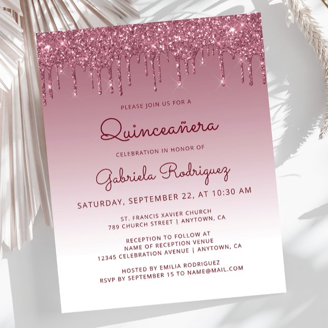 Convite de Quinceañera com Brilho Burgundy em Tom  (Criador carregado)