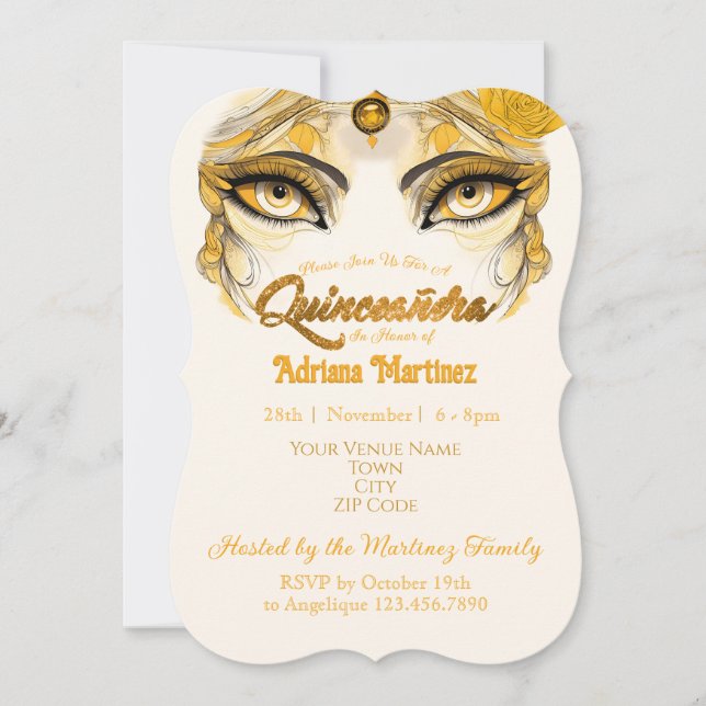 Convite de Quinceañera com Brilho Dourado (Frente)