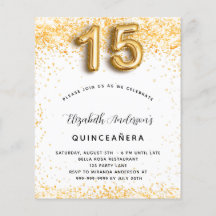 Convite de Quinceanera com brilho dourado branco e