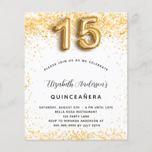 Convite de Quinceanera com brilho dourado branco e