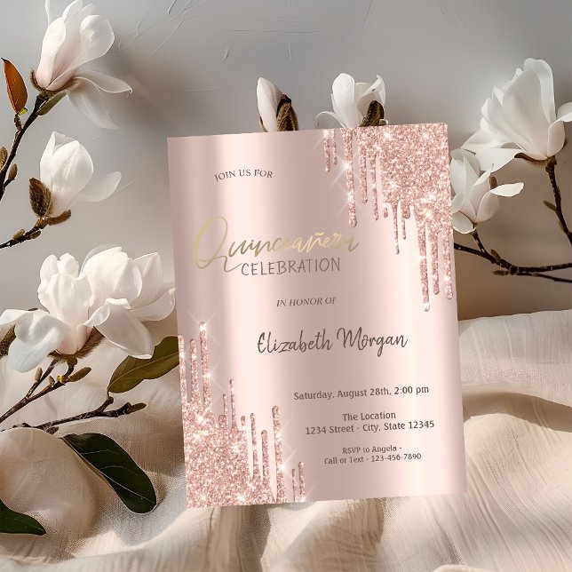 Convite de Quinceañera com Brilho Dourado Rosa e G (Criador carregado)