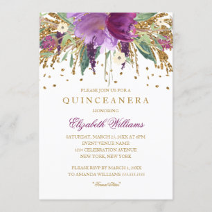 Convite de Quinceanera com Brilho Floral Âmbar
