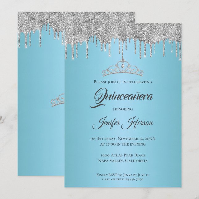 Convite de Quinceanera com brilho prateado (Frente/Verso)