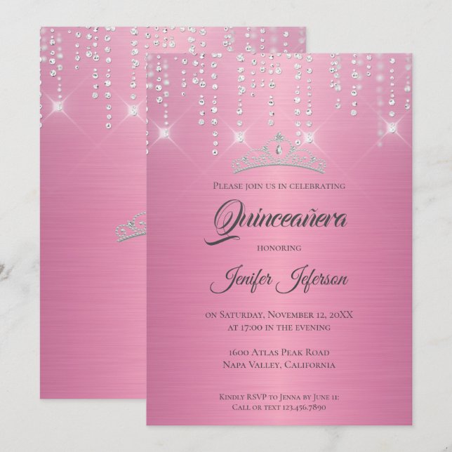 Convite de Quinceanera com brilho prateado pingand (Frente/Verso)