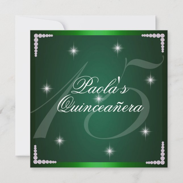 Convite de Quinceañera com Brilhos de Diamante Ver (Frente)