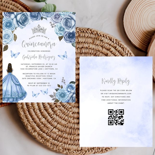 Convite de Quinceañera com Código QR Floral Azul E (Criador carregado)