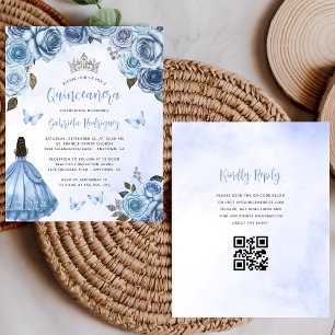 Convite de Quinceañera com Código QR Floral Azul E