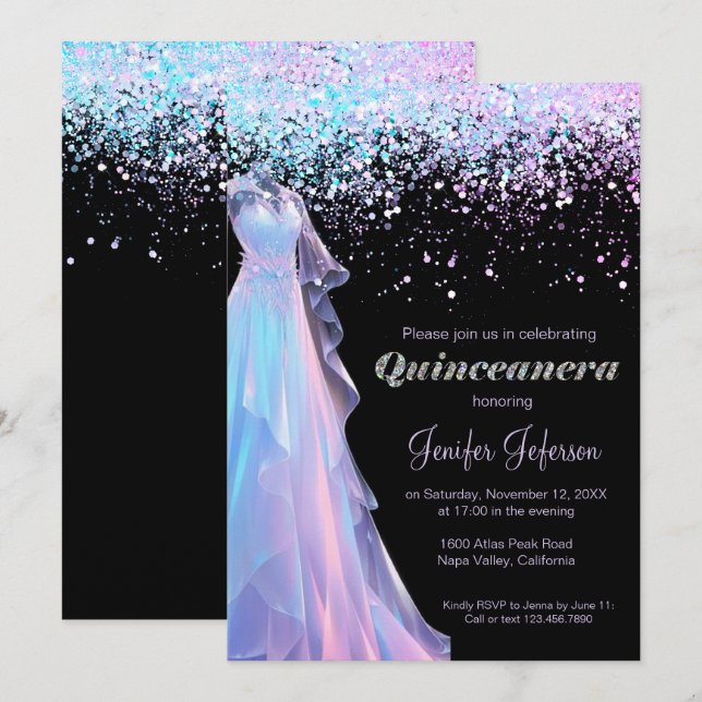 Convite de Quinceanera com confete brilhante (Frente/Verso)