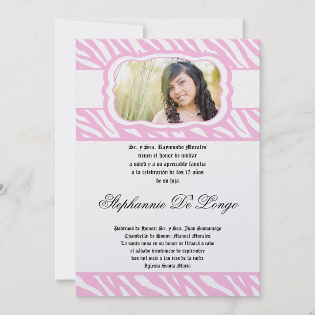 Convite de Quinceanera com Estampa de Zebra Rosa 5 (Frente)