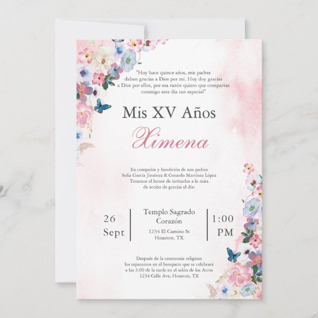 Convite de Quinceañera com flor de primavera rosa  (Frente)