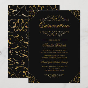 Convite de Quinceanera com Floral Antigo Dourado P