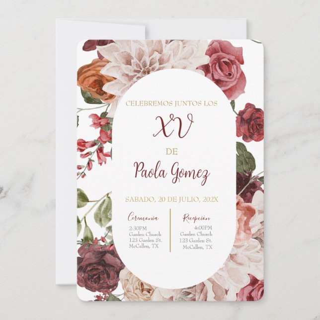 Convite de quinceanera com flores coloridas (Frente)