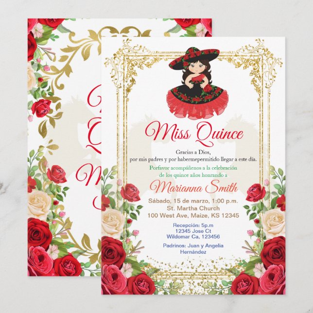Convite de Quinceanera com Flores de Rosas Vermelh (Frente/Verso)
