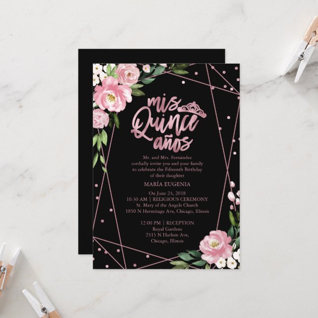 Convite de Quinceanera com Folha Dourada Rosa e Fl (Frente/Verso In Situ)
