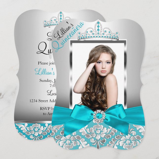 Convite de Quinceanera com Foto da Tiara de Damasc (Frente/Verso)