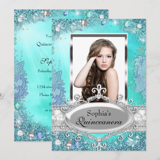 Convite de Quinceanera com Foto de Joia do Oceano  (Frente/Verso)