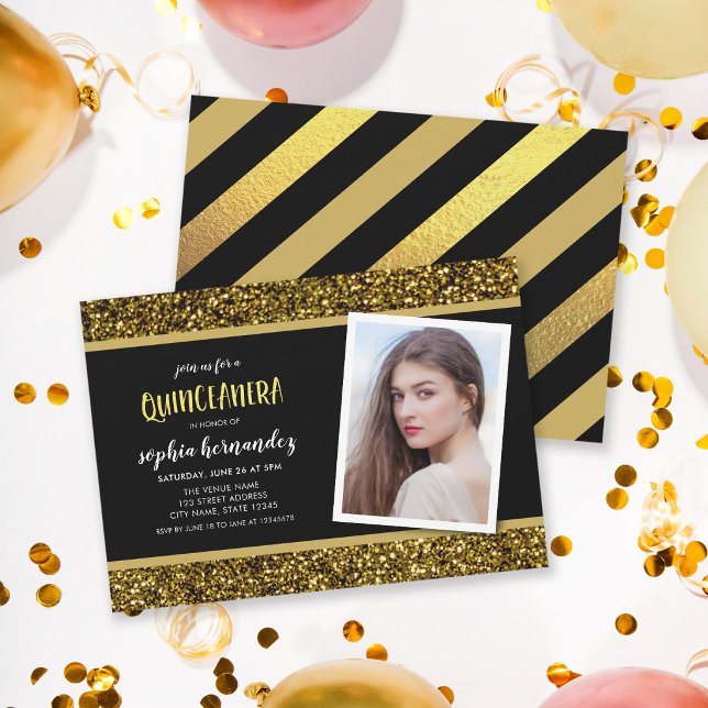 Convite de Quinceanera com Foto e Brilho Dourado (Criador carregado)