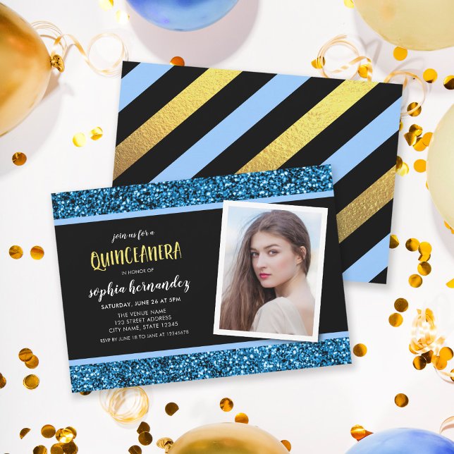Convite De Quinceanera Com Foto Glitter Azul (Criador carregado)