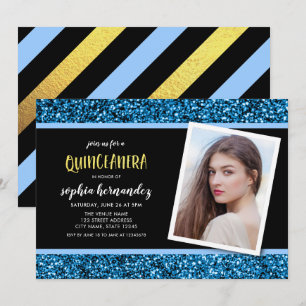 Convite De Quinceanera Com Foto Glitter Azul
