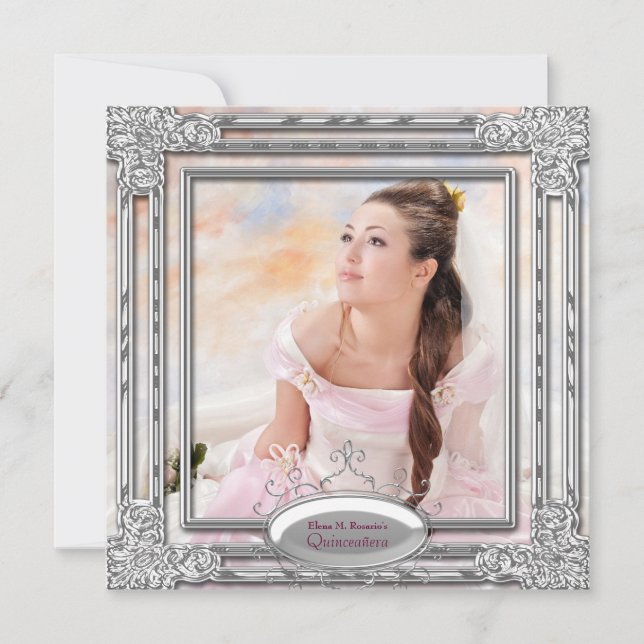 Convite de Quinceanera com Foto Rosa Prata (Frente)