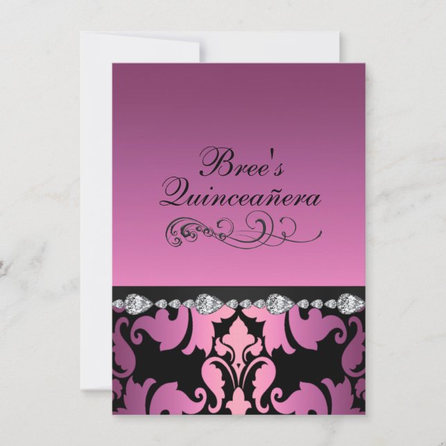 Convite de Quinceañera com Imagem de Damasco Rosa  (Frente)