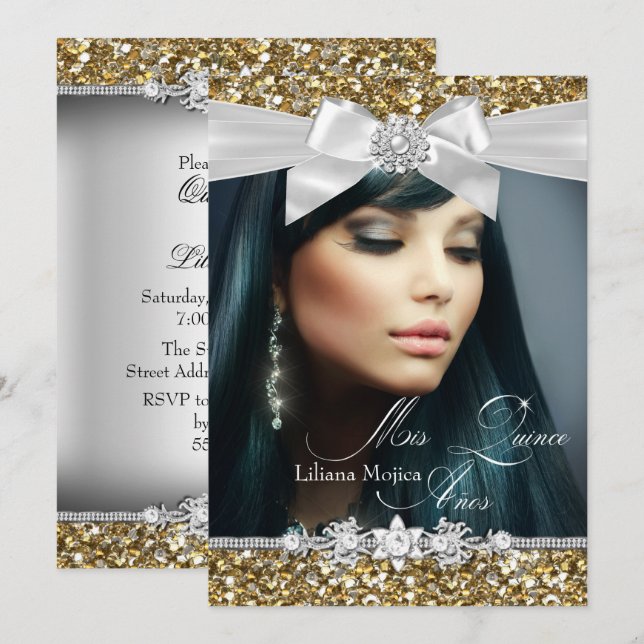 Convite de Quinceanera com Laço Brilhante Dourado  (Frente/Verso)