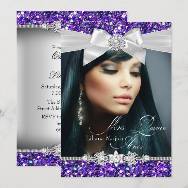 Convite de Quinceanera com Laço de Brilho Prateado (Frente/Verso)
